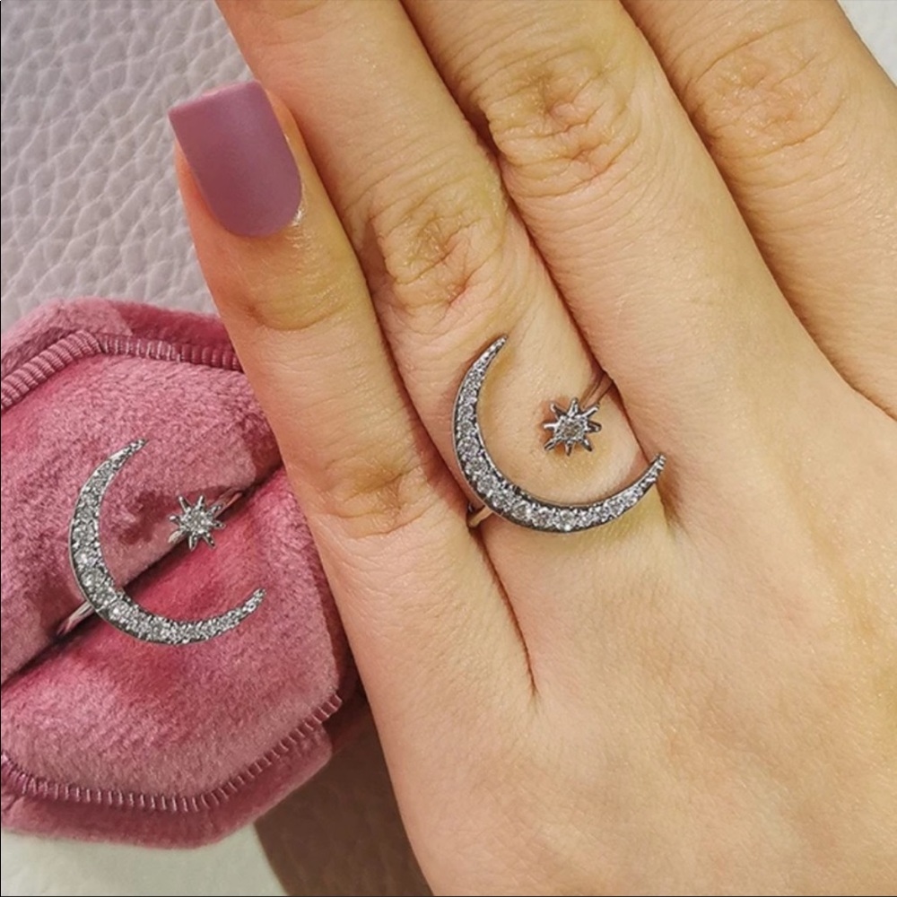 ADJUSTABLE 925 SILVER DIAMOND STAR MOON RING - Picture 8 of 8